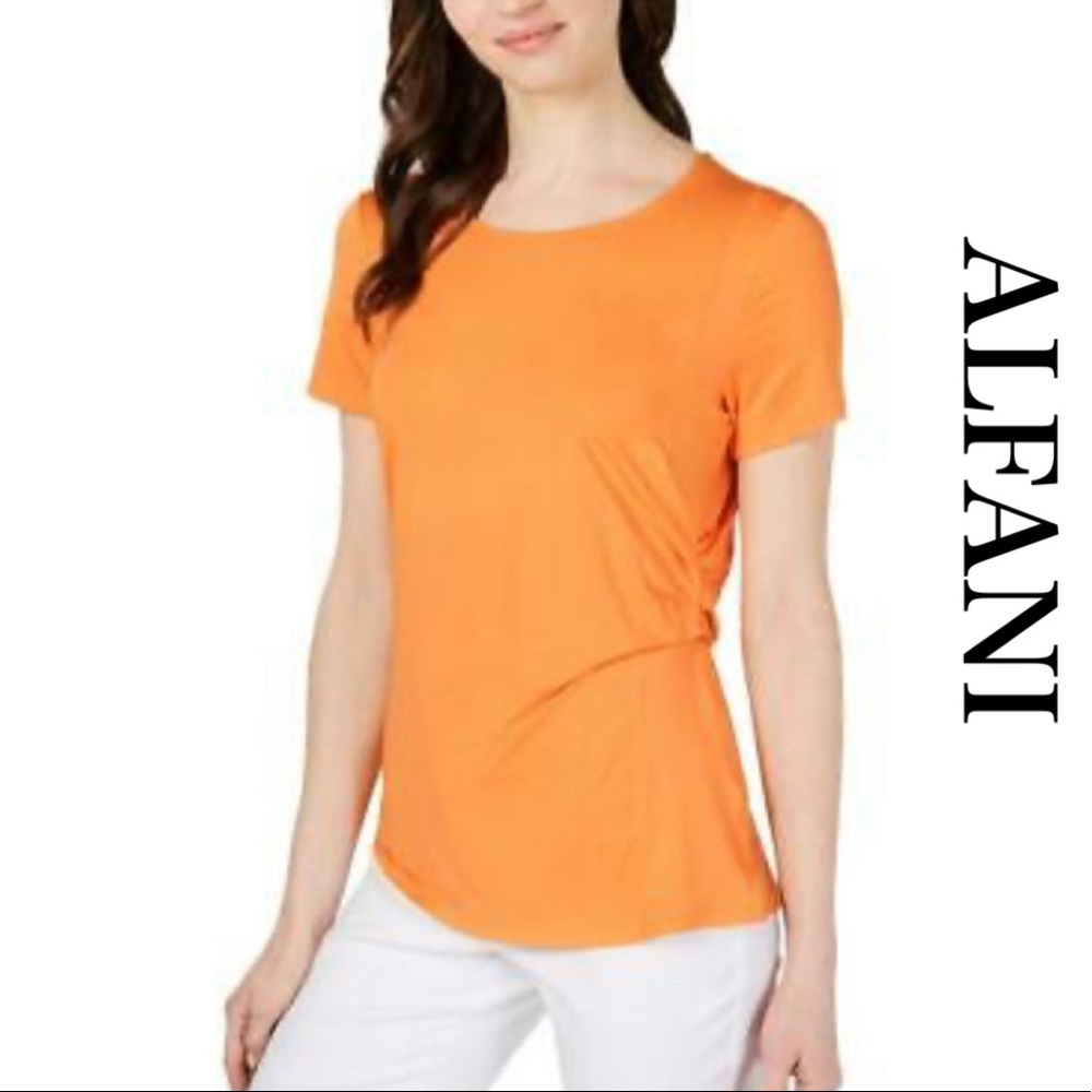 ALFANI Bright Mandarin Draped Knot Waist Tee